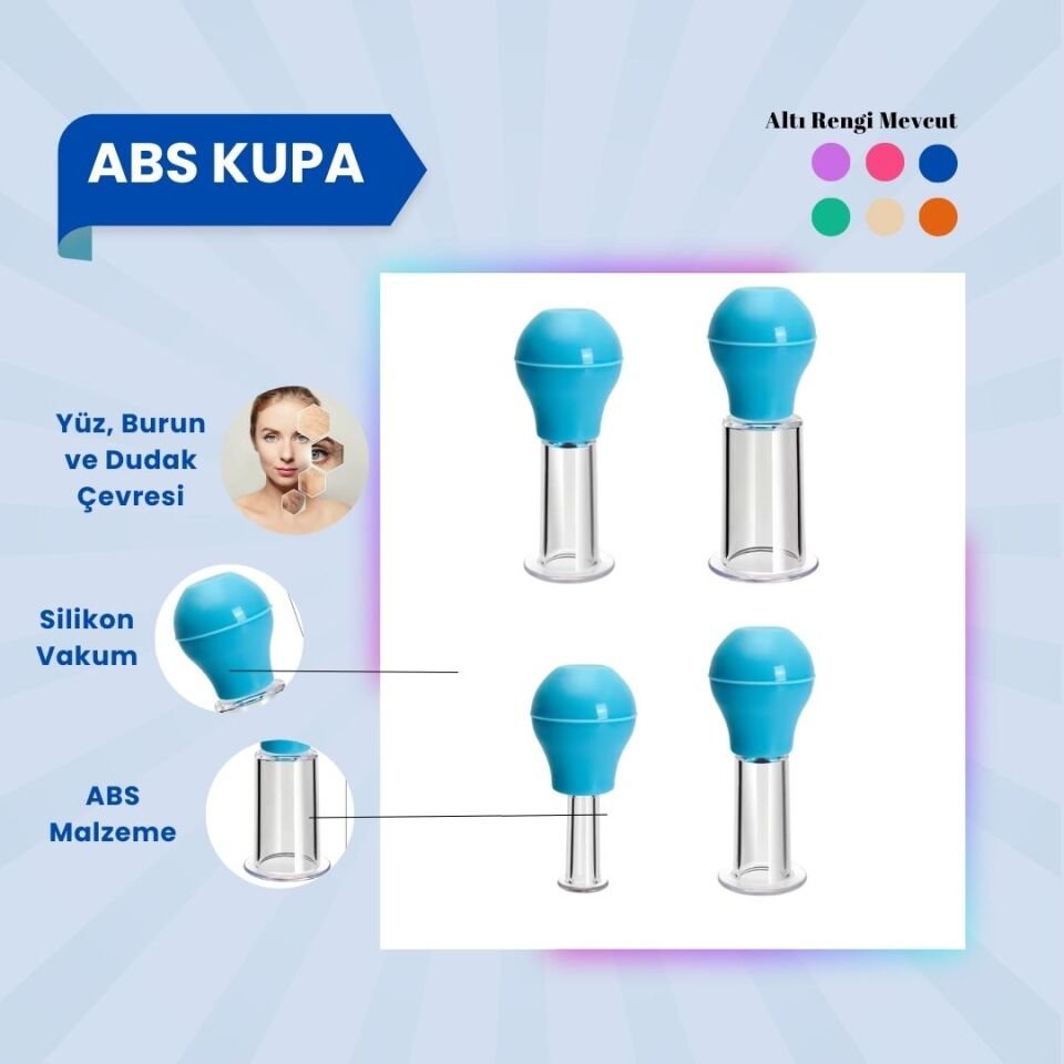 Silikon Vakumlu ABS Plastik Yüz Masaj Kupası 4'lü Set Mavi
