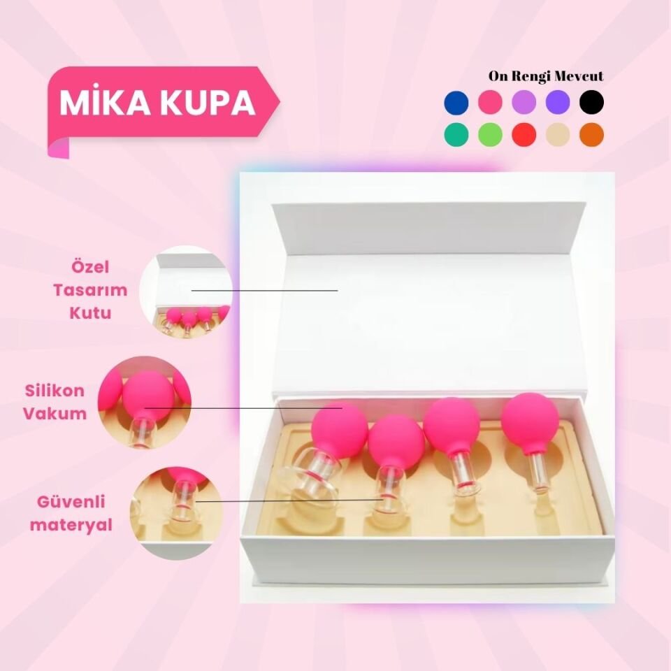 Silikon Vakumlu Mika Yüz Masaj Kupası 4'lü Set Pembe