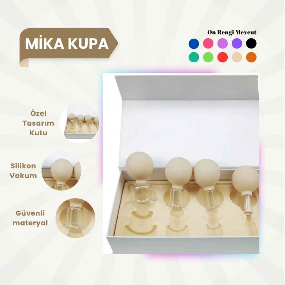 Silikon Vakumlu Mika Yüz Masaj Kupası 4'lü Set Bej