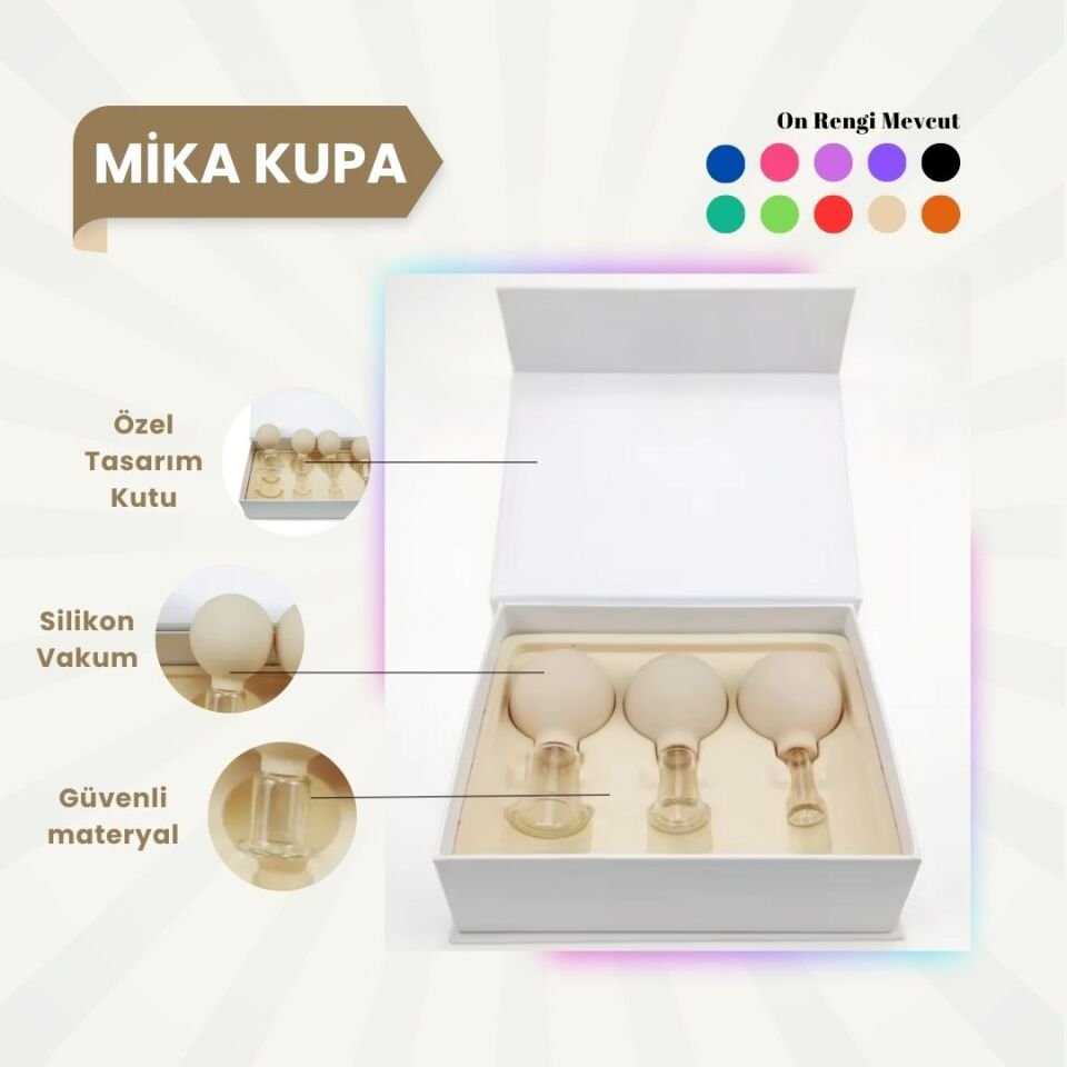 Silikon Vakumlu Mika Yüz Masaj Kupası 3'lü Set Bej