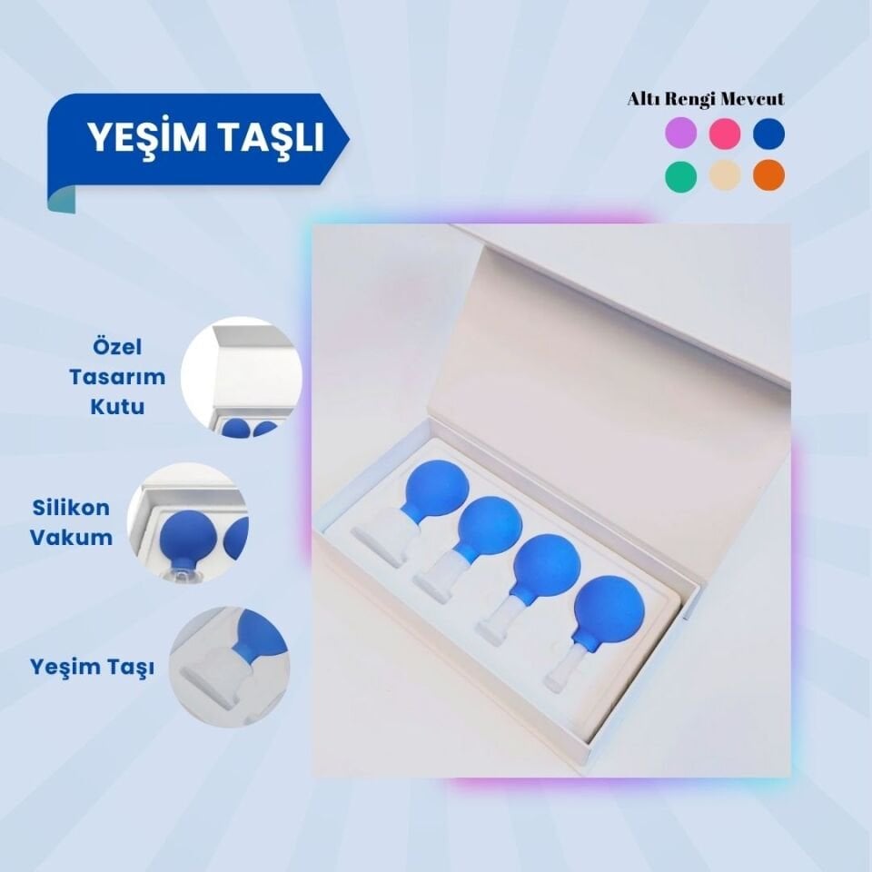 Silikon Vakumlu Yeşim Taşlı Yüz Masaj Kupası 4'lü Set (Jade) Mavi