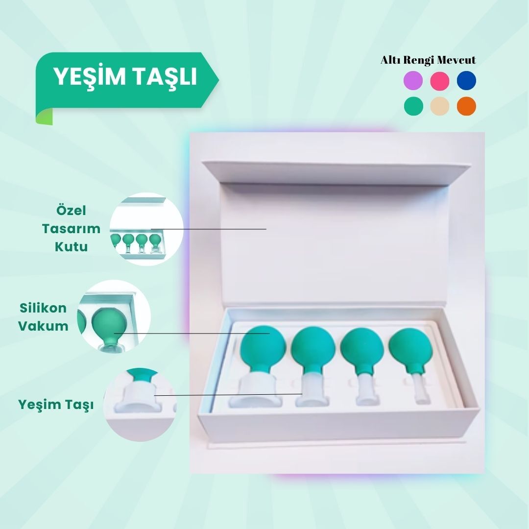 Silikon Vakumlu Yeşim Taşlı Yüz Masaj Kupası 4'lü Set (Jade) Yeşil