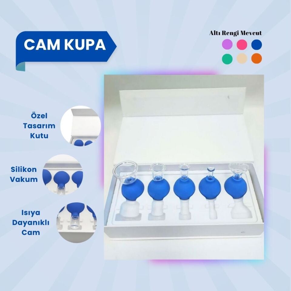 Silikon Vakumlu Cam Yüz Masaj Kupası 5'li Set Mavi