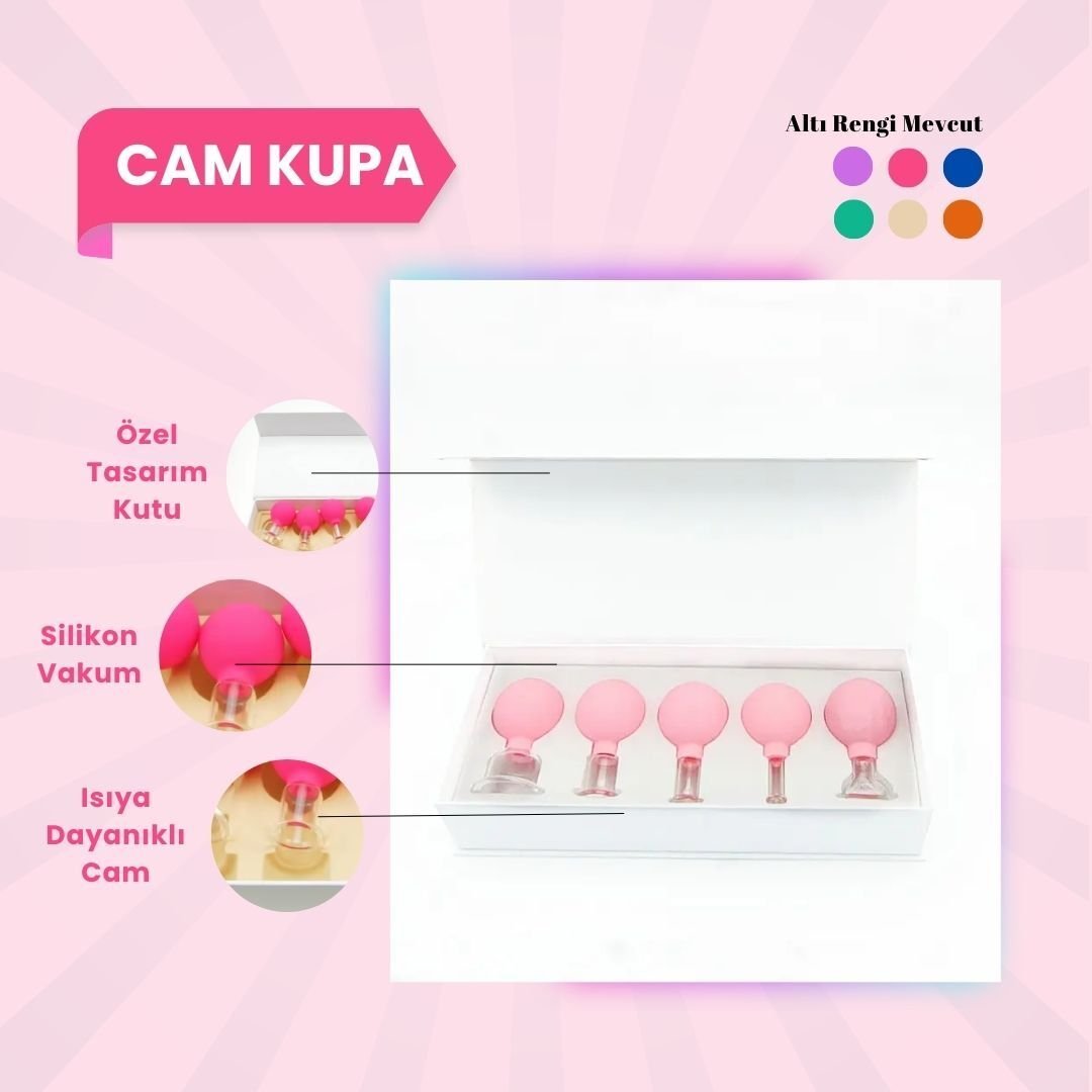 Silikon Vakumlu Cam Yüz Masaj Kupası 5'li Set Pembe