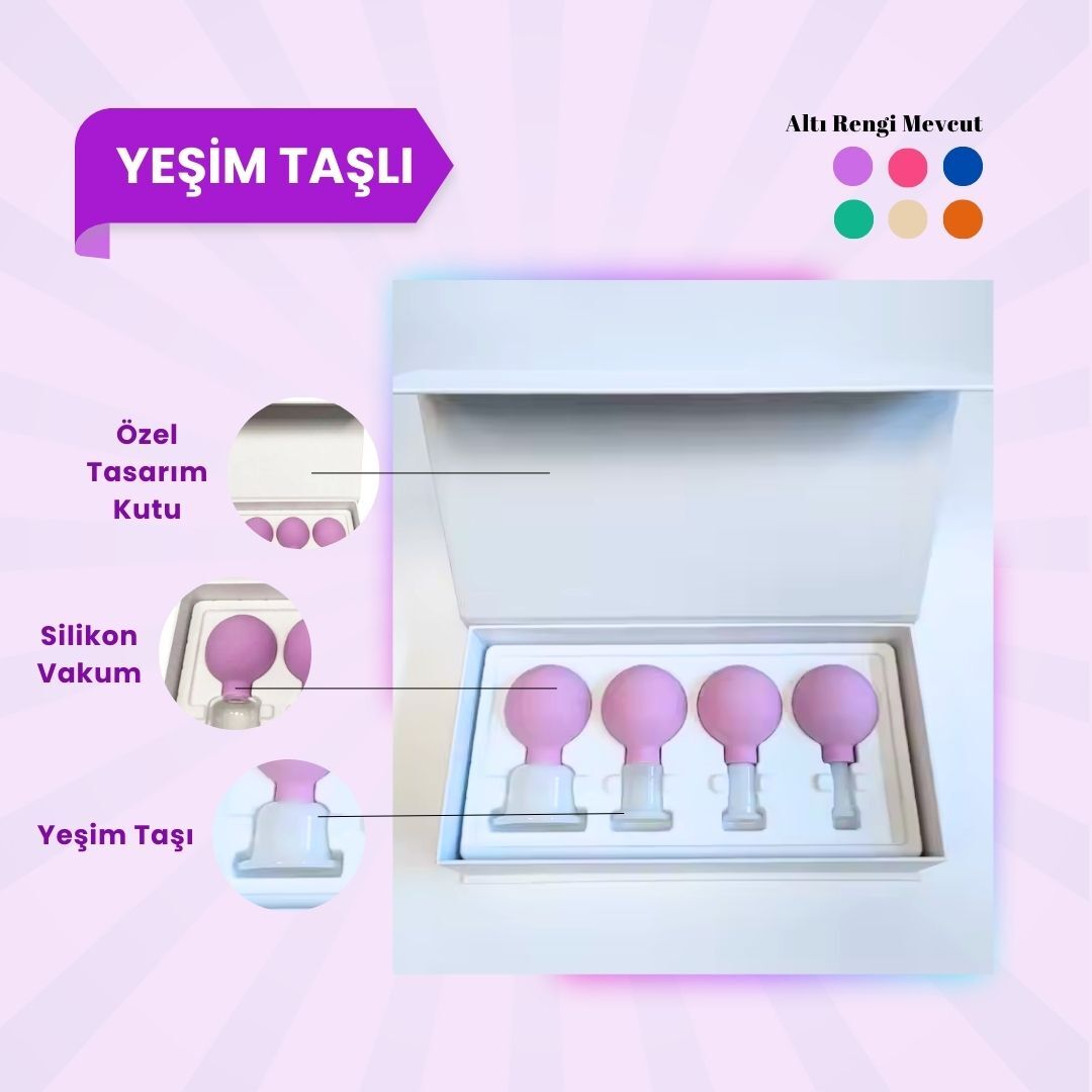 Silikon Vakumlu Yeşim Taşlı Yüz Masaj Kupası 4'lü Set (Jade) Mor